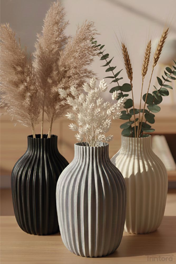 Dekoratif Modern Vazo – Oluklu Yüzey Tasarım | Siyah Renk - Görsel 2