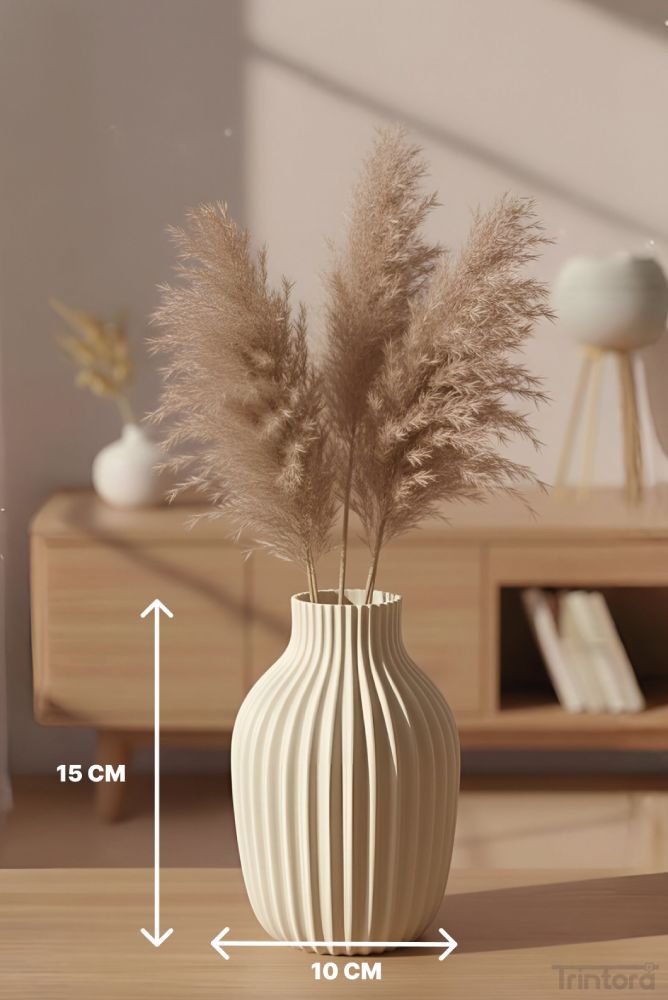 Dekoratif Modern Vazo – Oluklu Yüzey Tasarım | Bej Renk - Görsel 3