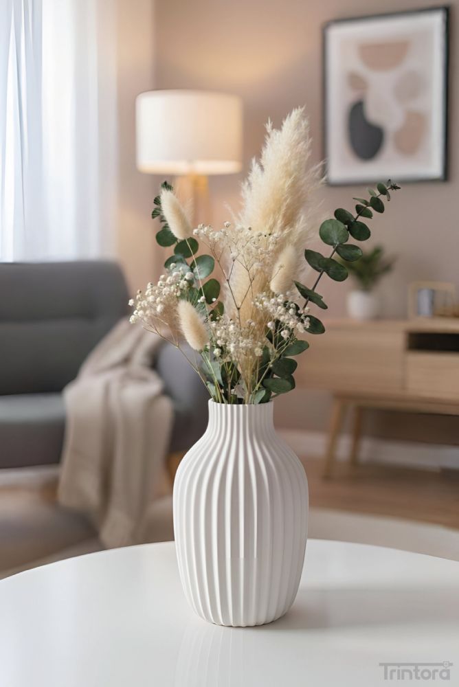 Dekoratif Modern Vazo – Oluklu Yüzey Tasarım | Beyaz Renk