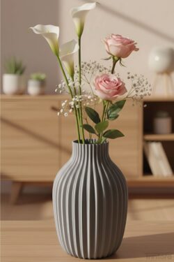 Dekoratif Modern Vazo – Oluklu Yüzey Tasarım | Gümüş Renk