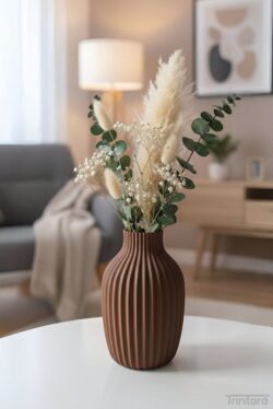 Dekoratif Modern Vazo – Oluklu Yüzey Tasarım | Kahverengi
