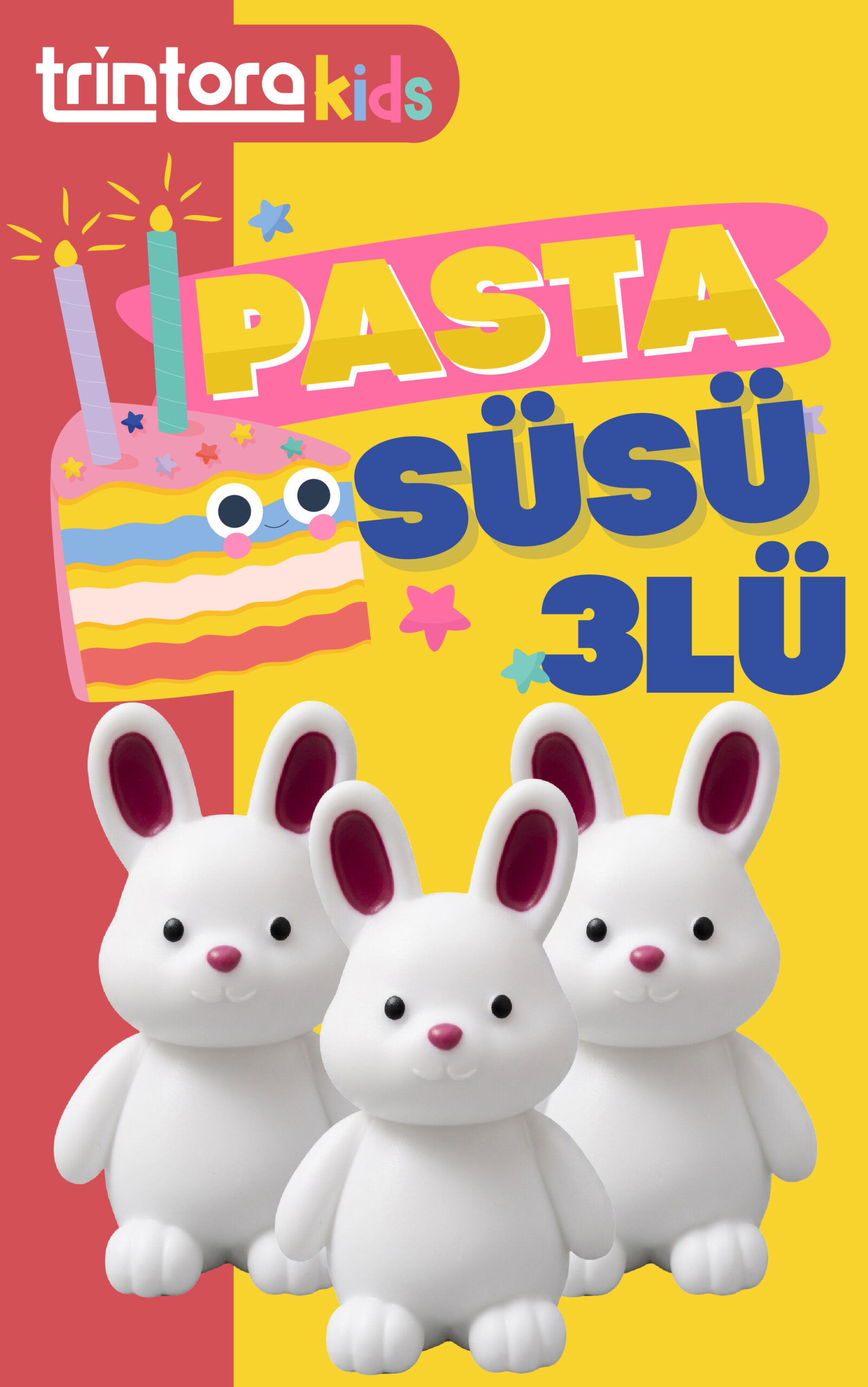 Trintora 3'lü Pofuduk Tavşan Pasta Süsü Seti - 65 mm Figür - Doğum Günü ve Bebek Partisi Süslemesi